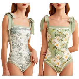 Women's One Piece Swimsuit Floral Print Bathing Suit Tummy Control Reversible Tie Shoulder Swimming Swimwear Suits