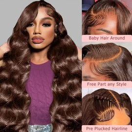 mogge 32 Inch Chocolate Brown Lace Front Wig Human Hair 13x6 Hd Body Wave Brown Lace Front Wigs Human Hair 200 Density 4# Colored Wigs Brown Wig Human Hair Pre Plucked Frontal Wig Human Hair