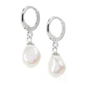Pearl earrings for Women and Girls | White Baroque Pearl Huggie Hoop Earrings