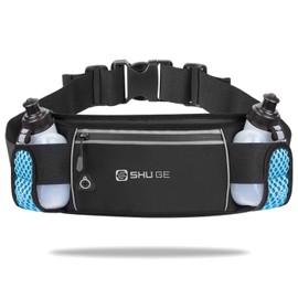 Cangurera Deportiva con 2 botellas de agua (2 x 280 ml),Riñonera reflectante para correr,Bolsa de cintura deportiva ajustable para maratón,Ideal para corredores,ejercicio (Azul)