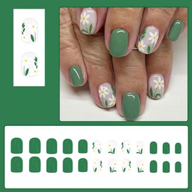 Jremg Flower Press on Nails Short Square Fake Nails with Cute Flowers Design Glossy Green Spring Summer False Nails Reusable Flowers Full Cover Stick on Nails Reusable Acrylic Nails for Women 24Pcs