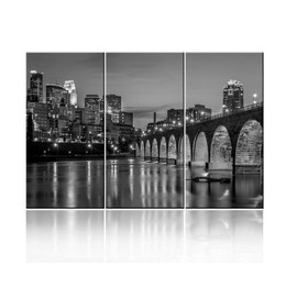 America Native Wall Art -3 Pieces Black and White Minneapolis Skyline Modern Artwork Cityscape Panoramic Pictures Paintings on Canvas Decoration for Living Room Office Home Kitchen Decor Ready to Hang