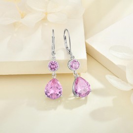 FYNSBLE Dangle Earrings 925 Sterling Silver Drop Earrings for Women Teardrop Earrings Double Pink Birthstone Leverback Earrings Hypoallergenic Jewelry for Women