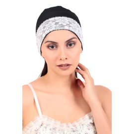 CONFIRTINO Women Silky Soft Bamboo Viscose Beautiful Lace Sleep Cap for Hair Loss Chemo Unlimited Uses (Black), One Size