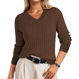 IEEILULU Cable Knit Sweater Women Soft V Neck Tops Long Sleeve Pullover Clothes Casual Trendy Outfits (US, Alpha, X-Large, Regular, Regular, Brown)