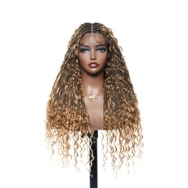 JALIZA Glueless Human Hair Boho Curls Box Braided Wig – 24 Inch Pre Cut Real Swiss HD Lace Lightweight Full-Lace-to-Go Wig for Black Women 100 Strands - Honey Blond