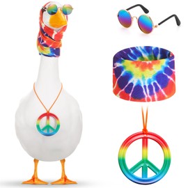 Silicherry 3 Pcs Hippie Porch Goose Outfit for 23''/ 17'' Plastic Lawn Goose Statue Costume 70s Tie Dye Rainbow Leopard Clothes Hippie Headband Necklace Sunglasses for Outdoor Patio Yard Lawn