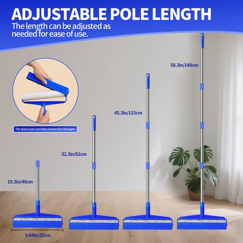 9.84" Large Extra Sticky Lint Roller, 58.3" Long Handle Lint