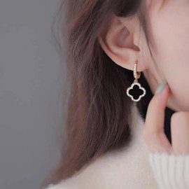 W WEILIRIAN Boho Four Leaf Clover Earrings Black Clover Earrings Crystal Clover Dangle Earrings Cz Huggie Hoop Earrings Jewelry for Women and Girls Gifts (Black)