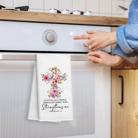 Yjeslw Christian Floral Kitchen Towels, I Can Do All Things Through Christ Bible Verse Flower Hand Dish Towels Decor, Christian Gifts for Women Tea Towel for Kitchen Bathroom Decorative, 16x24 Inch