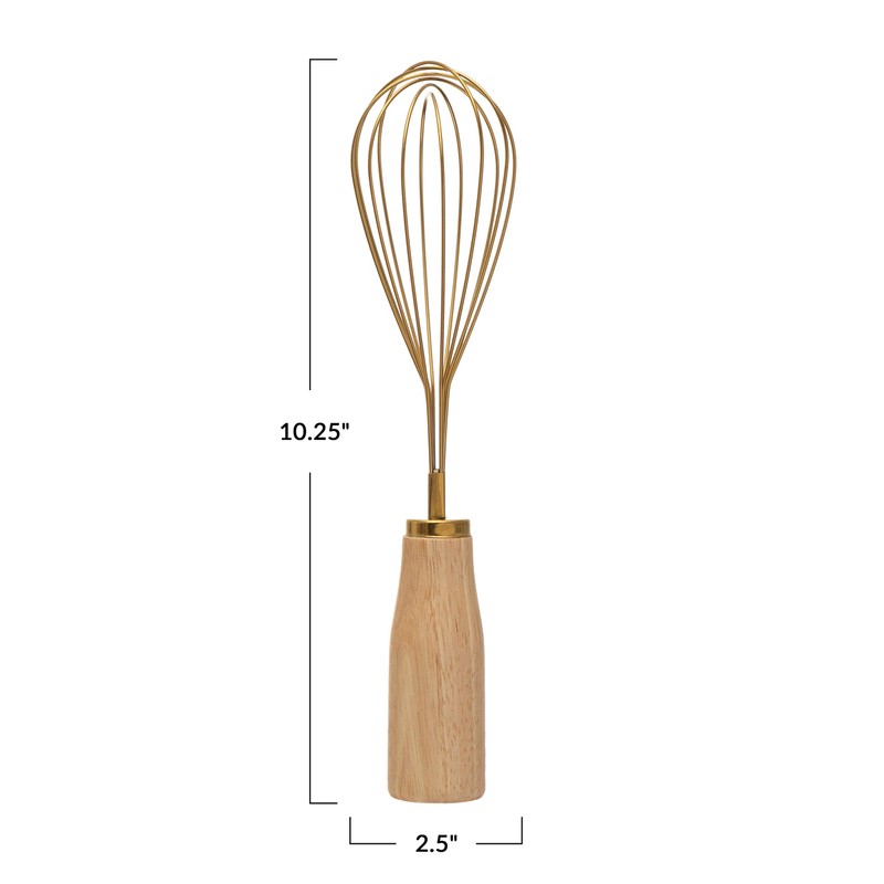 "Bloomingville Standing Stainless Steel Wood Handle, Gold Finish Whisk, 10.25"""