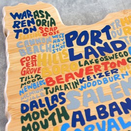 Totally Bamboo Oregon State Shaped Cutting Board and Charcuterie Serving Platter with Artwork by Wander on Words, Includes Hang Tie for Wall Display