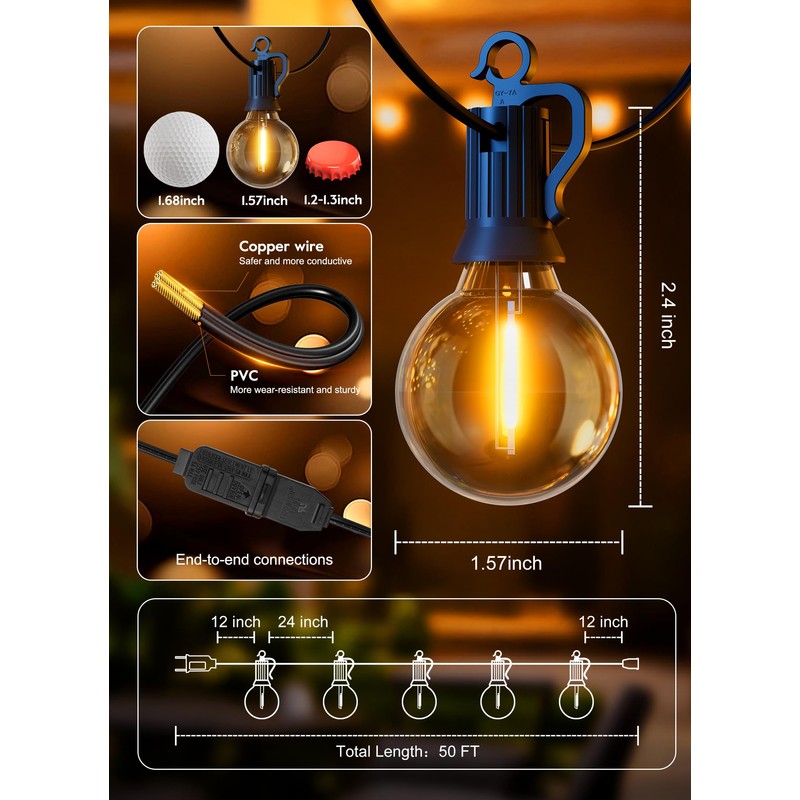 Brightown Outdoor String Lights, 50FT 25 G40 Bulbs Shatterproof Patio