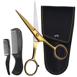 Ontaki Beard & Mustache Scissors - 5 in, Golden Brass - High-Carbon Steel Grooming Scissors - Gold Brass Mustache Comb - Travel-Ready Pouch for Beard Trimming Kit