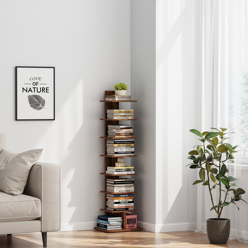 TUTOTAK Narrow Bookshelf, 8-Tier Bookcase, Spine Book Shelf for Small