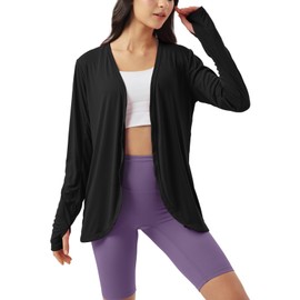 Womens Sun Protection Athletic Cardigan Lightweight Summer UPF50+ Long Sleeve Open Front Cover Up Thumb Hole with Pockets Black