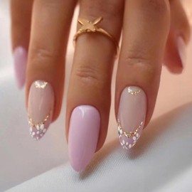 24er-Pack Mandel-Nägel zum Kleben, Kurz, Französische Weiße Blumen, Kunstnägel, Glänzende Press-On-Nägel, Wiederverwendbare Oval-Nägel, Acryl-Nagel-Tips für Frauen und Mädchen