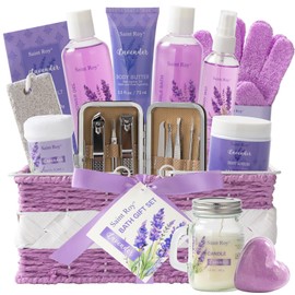 Saint Roy Cesta de regalo de baño para mujeres y hombres, kit de spa de lujo para el cuidado personal en el hogar, cesta de regalo de baño de lavanda