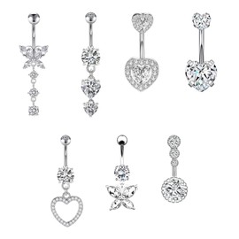 7 Piece Belly Button Piercing Ring Set, Hypoallergenic Heart and Butterfly Belly Button Piercing, Piercing Belly Button for Women, Ladies, Stainless Steel