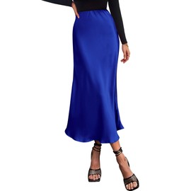 BTFBM 2025 - Falda larga de satén para mujer, de seda, elegante, cintura alta, cóctel, fiesta, boda, línea A, falda midi, Azul Real, Large