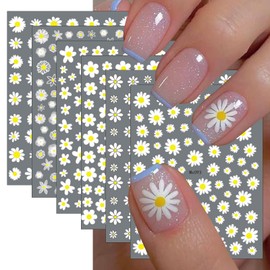 6Sheets Daisy Nail Art Stickers,Floral Daisy Nail Decals Spring Summer 3D Self-Adhesive Nail Art Supplies White Yellow Petals Flowers Spring Nails Decals for Women DIY Acrylic Nail Decorations