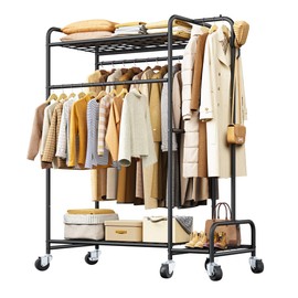 Raybee Clothes Rack 74" H Heavy Duty Clothing Rack With Shelves, 400 LBS Clothes Rack for Hanging Clothes, Portable Garment Racks with Lockable Wheels, Multi-Functional Closet Rack for Bedroom Black