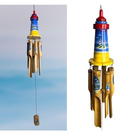 Lighthouse Bamboo Windchime – Colorful Topper with Ornate Chimes – Hanging Outdoor Garden Porch Décor – Deep Relaxing Calming Tones