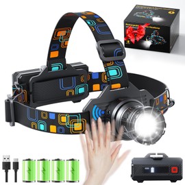 Headlamp Rechargeable, Bright LED Head Lamp with White Red Light, LED Headlamp Motion Sensor 90° Adjustable Zoomable 6 Modes Head Lights for Forehead for Adults Running Hunting Camping Hiking Fishing