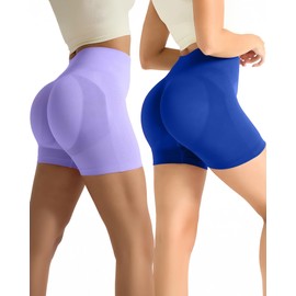 HAPYHVN Pantalones Cortos Deportivos para Mujer,2Pcs,Sin Costuras,Short de Entrenamiento Transpirables Alta Elasticidad,Yoga,Gimnasio,Running (MX/US, Alfa, Grande, Regular, Regular, Azul + Morado)