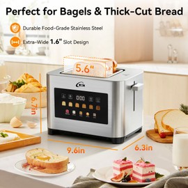 KOK 2 Slice Touch Screen Toaster, Stainless Steel Smart Toaster with 1.6” Extra Wide Slots, 6 Browning Levels & 5 Bread Presets, Digital Timer Defrost Reheat Cancel, Removable Crumb Tray for Kitchen