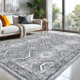 KUTA Grey Vintage Area Rugs for Living Room 8x10, Washable Large Rug for Bedroom 8ft x 10ft, Non-Slip Ultra Soft Printed Distressed Boho Farmhouse Modern Cozy Carpet for Dining Room