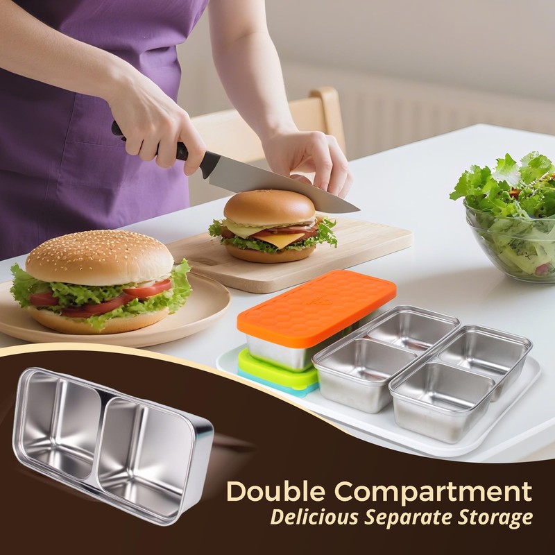 MACTANO Double Compartment Snack Containers, Stainless Steel Condiment Containers Reusable