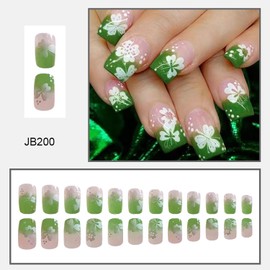 24 Pcs St Patricks Day Press on Nails Short Square Fake Nails Green Gradient Full Cover False Nails with White Clover Designs Glossy Stick on Nails Artificial Nails for Women Girls