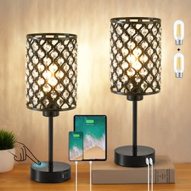 Touch Control Table Lamp, Black Crystal Table Lamps Set of 2 with 2 USB Charging Ports, 3-Way Dimmable Bedside Nightstand Lamps for Living Room, Bedroom, Guest Room, Bulbs Included