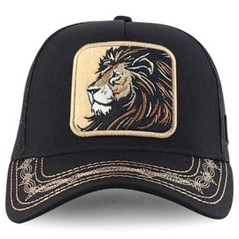 Trendy Apparel Shop Animal Design Square Embroidered Snapback Trucker Cap - Lion -Black Black
