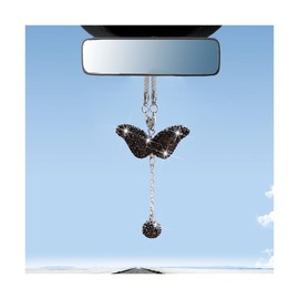 TNAIYH Bling Angel Wings Car Rearview Mirror Ornament, Cute Lucky Crystal Rhinestone Vehicle Rear View Mirror Charms, Diamond Automotive Decoration Hanging Pendant, Universal Fit (Black)