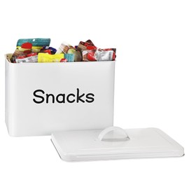 BSTKEY Snack Bin for Countertop, White Metal Snack Organizer for Pantry Kitchen, Rustic Snack Storage Container for Chips Candy Pretzels Cookies Popcorn