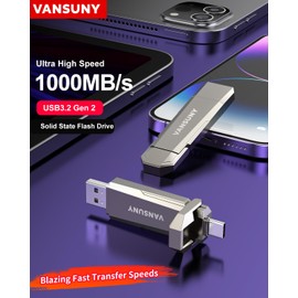 Vansuny 256GB External SSD 256GB USB Fast 1000MB/s 2-in-1 Dual Drive USB Type C + USB A 3.2 Gen2 External Solid State Drive Portable SSD 256GB USB C SSD Drive for USB-C Smartphone Tablet Computer Mac