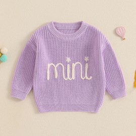 Family Matching Outfits Mommy and Me Cute Letter Embroidery Crew Neck Long Sleeve Sweater Top, Purple, 5-6 Years
