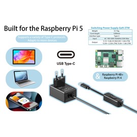 Coolwell for Raspberry Pi 5 Power Supply 27W USB-C PD Power Supply Output 5.1V/5A, 9V/3A, 12V/2.25A, 15V/1.8A GaN PD 5A 27W with ON/Off Switch ETL Listed