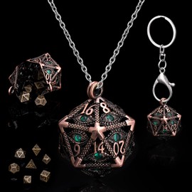 SUDESMO Mini Metal DND Dice Set Hollow D20 Necklace Dice DND Case Metal Dice Set DND Keychain 7PCS Dice Set Bronze Red