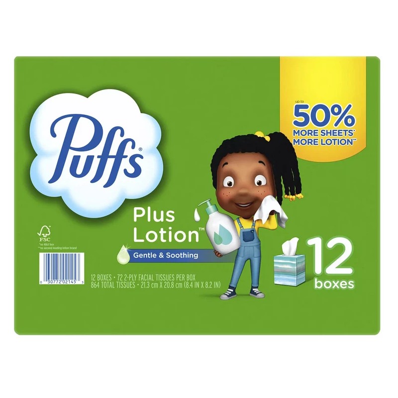 Puffs Plus Lotion 2-Ply Facial Tissues 12 Cube Boxes, 72
