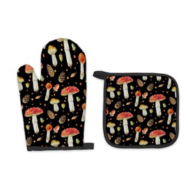 FIicy Vintage Mushroom Oven Mitts and Pot Holders Sets, Cottagecore Mushroom Kitchen Decor Accessories Sets, Botanical Mushroom Themed Gifts Heat Resistant Oven Glove Potholders for Kitchen Cooking