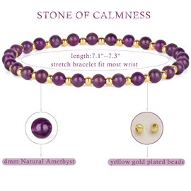 QOGIR Amethyst - Stone of Calmness - 14K Gold Plated Beads Natural Gemstone Stretch Elastic Dainty Healing Beaded Bracelets Gifts 4mm