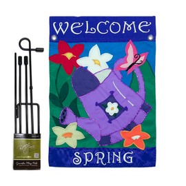Welcome Spring Garden Flag Stand Kit Wall Hanging Decor for Home Stake Patio Post Embroidered Sweet Home Decorations Welcome Yard Sign Applique Tapestry Sewing Handcraft Gifts for Grandma