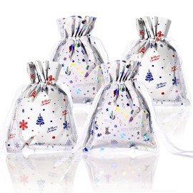 4pcs 16×22cm 2styles Christmas Red Blue Gift Bags,Drawstring Ribbon Plastic Xmas Bags for Xmas Gift Delivering Shopping Birthday Present Party Decorations