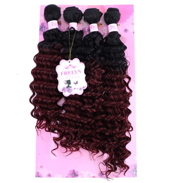 FRELYN Deep Wave Bundles Synthetic Curly Hair Bundles Two Tone Ombre Weave T1/Bug Black Fade to Burgundy 16 18 18 20 Inches Mixed High 4 Pcs/Pack