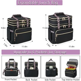 HSHRISH Double Deck Lunch Box for Women, Expandable Insulated Large Lunch Bag Women Leakproof Lightweight Lunch Cooler Bag Durable Lunchbox for Work Outdoor Travel, Black