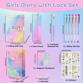 Coosilion Diary with Lock Gifts for Girls 6 7 8 9 10 11 12 13 Years, Christmas Gifts for Girls Teenagers Age 6-15 Notebook Girls Diary with Code Pencil Case Bracelet Travel Diary