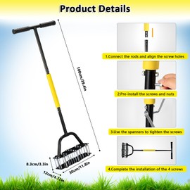 Ligebul Manual Lawn Aerator Tool, Automatic Dirt Clean Lawn Aerator with 17 Spikes and Extended T-Handle, Easy-to-Assemble Aerator Lawn Tool with Gloves, Yard and Grass Aerator for Soil Loosening